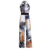 Bedruckter rückenfreier Jumpsuit mit Schlitz und gerader Hose mit weitem Bein